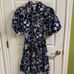 Sincerely Jules Puff Sleeve Shirt Dress Pockets Blue White Fruit  Size Medium